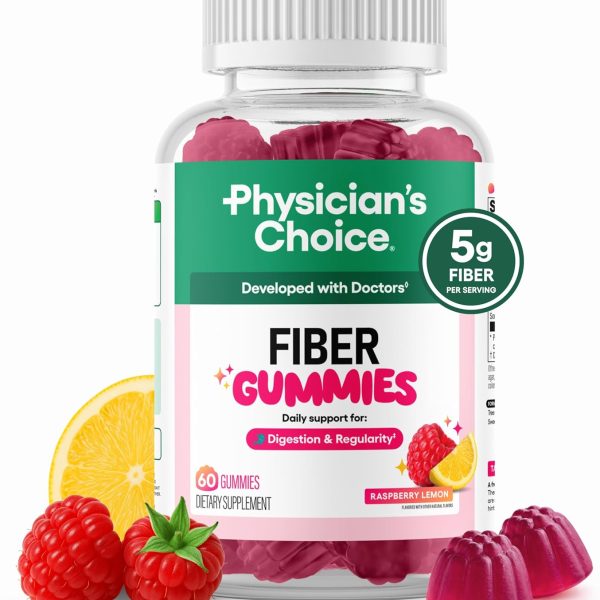 Physician's CHOICE Fiber Gummies for GLP-1 Support - No Sugar ded & Vegan - Raspberry Lemon - Natural Chicory Root Prebiotic Fiber Gummy - Digestive Health & Regularity for Women & Men - 60CT